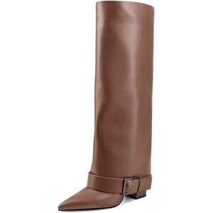 Women's Brown Chunky High Heel Wide Calf Pointed Toe Boots Belt Buckle